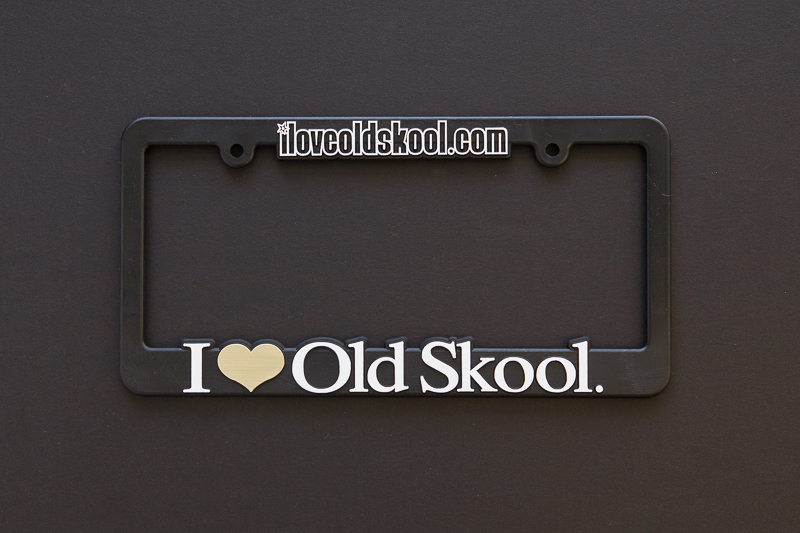 White and gold I Love Old Skool license plate frame