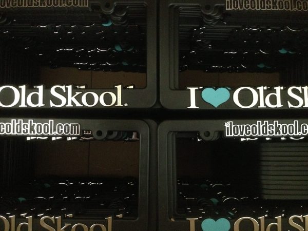 I Love Old Skool. License Plate Frame - Chrome & Teal - Image 1